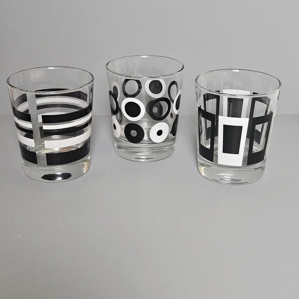 Ikea Mid-Century Modern Rocks Glasses Black White Geometric Barware 6